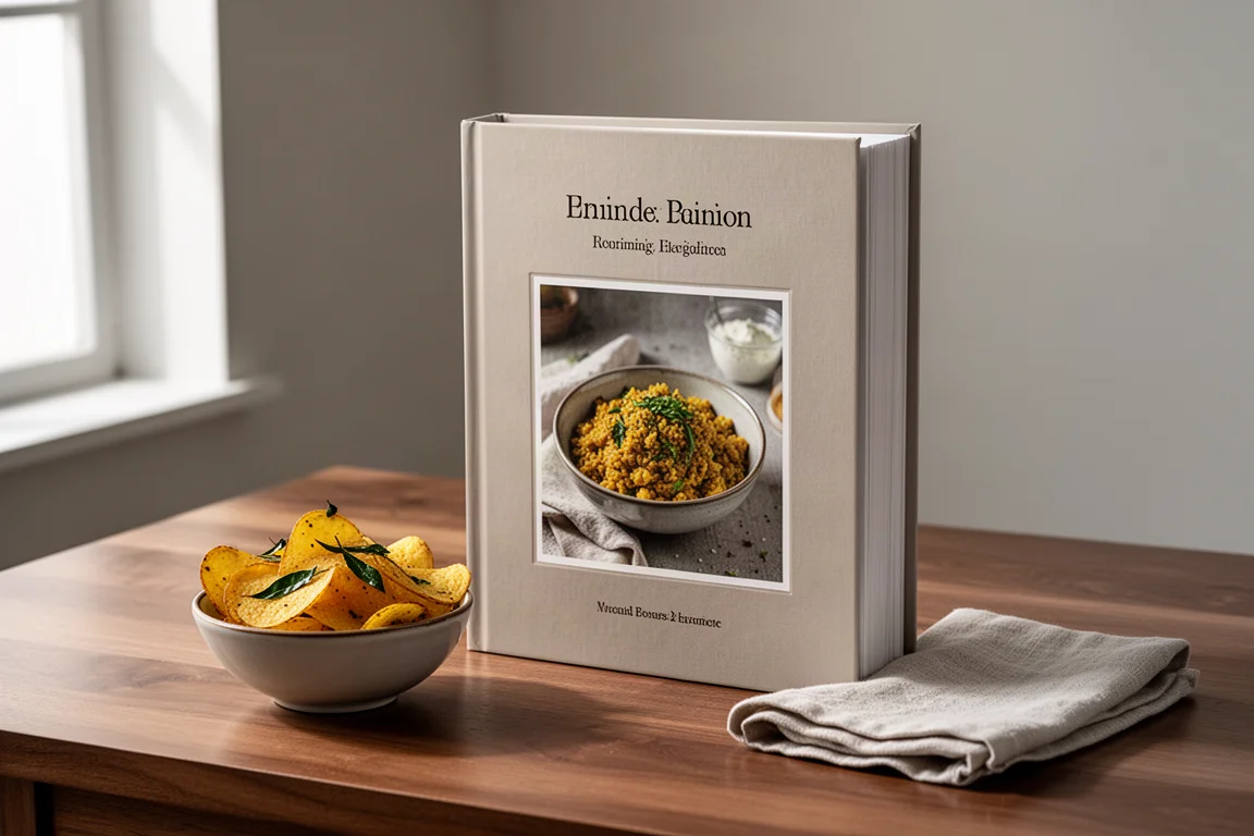 Hardcover cookbook beside a serving bowl of spiced chicken and rice