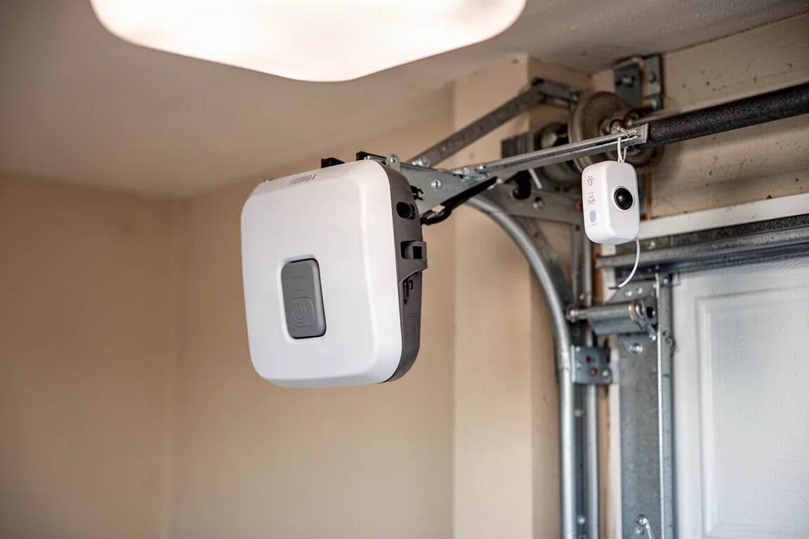 Smart-Home-Geräte, darunter ein E-Ink-Dashboard, Garagentoröffner, Smart-Button und Luftqualitätssensor, auf einer Betonoberfläche angeordnet