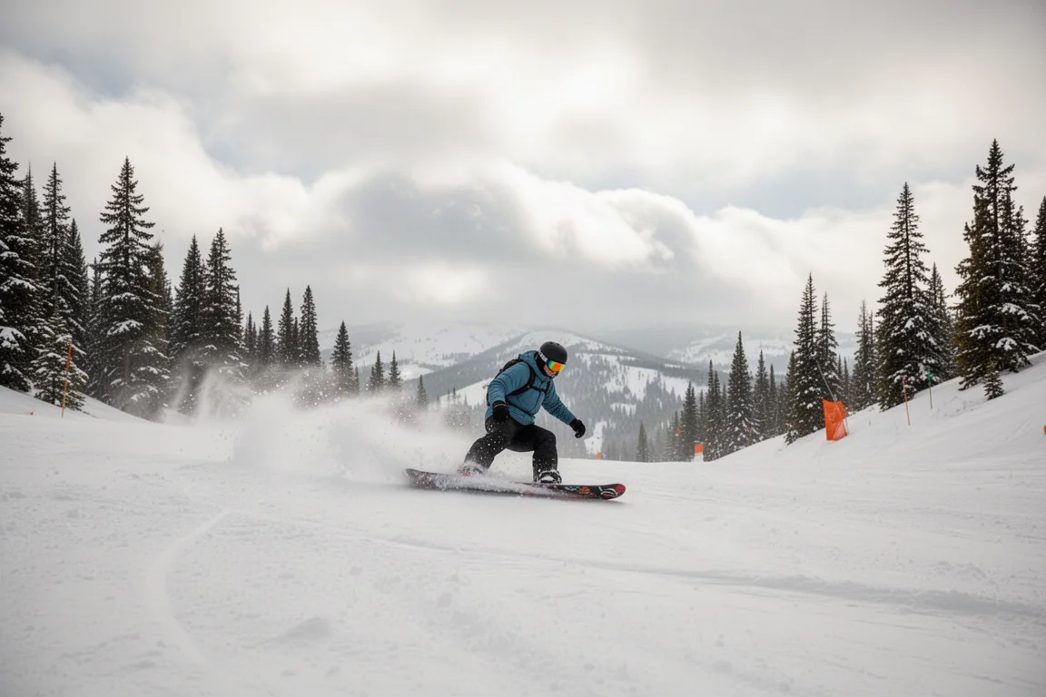Snowboardåkare som åker på hård morgonsnö på en bergssluttning i Colorado