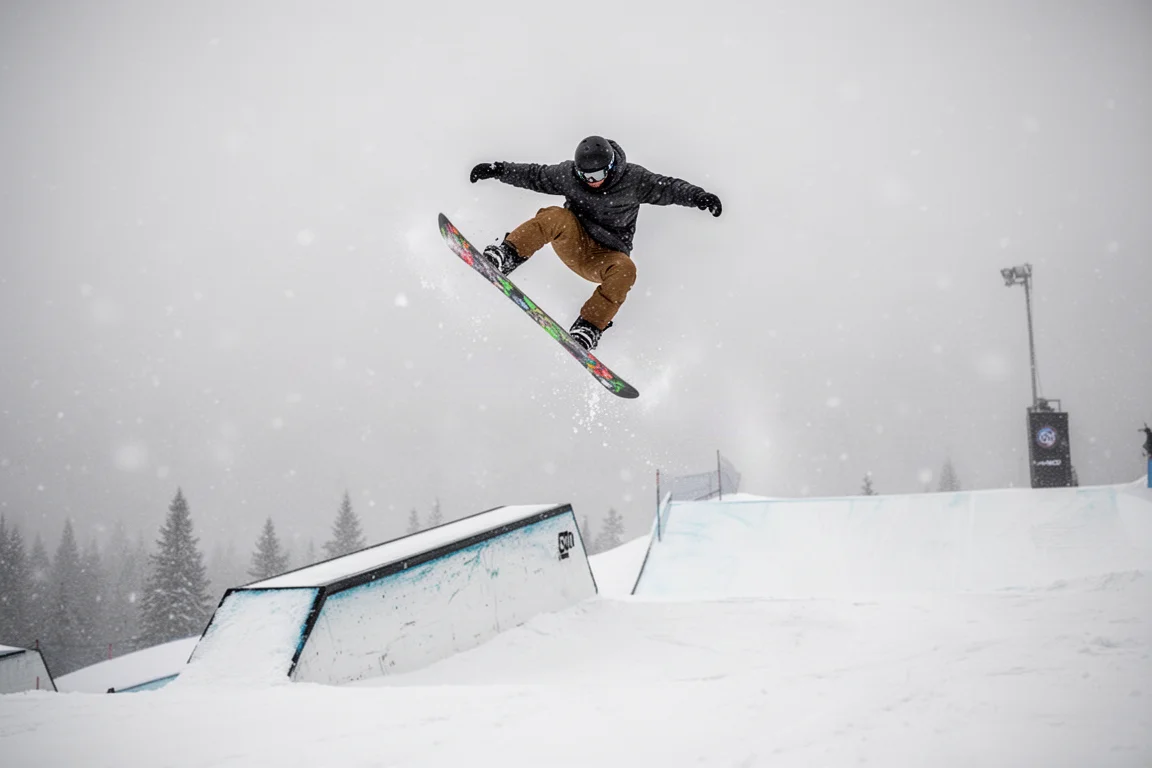 Allmountain freestyle-snowboardåkare som vrider på ett grab i luften ovanför ett parkhopp