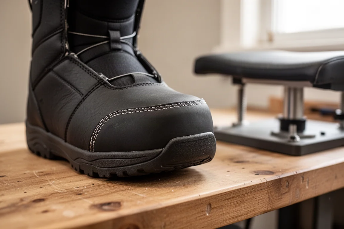 Primer plano de la puntera de una bota de snowboard y su costura de doble puntada sobre el mostrador de una tienda