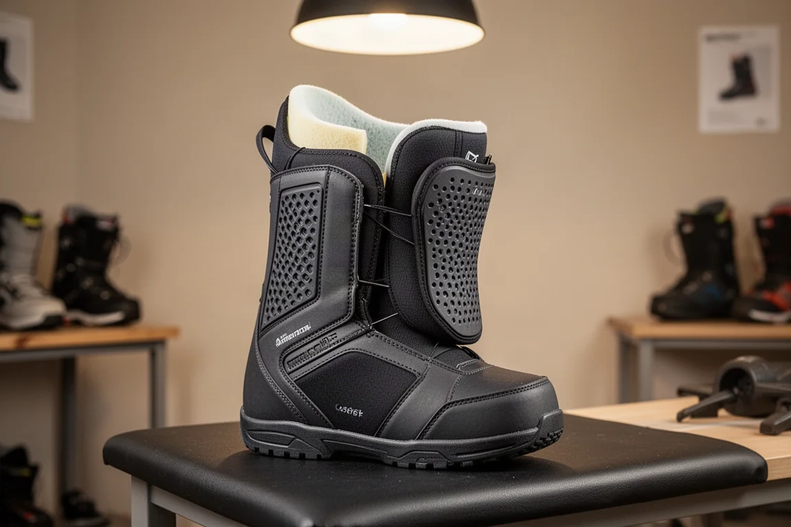 Forro de bota de snowboard con espuma termomoldeable sobre el banco de pruebas de una tienda