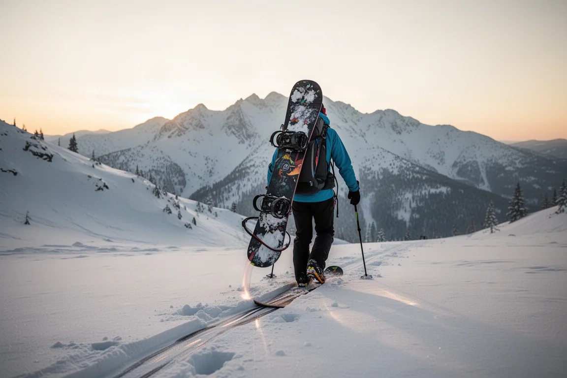 Rider de splitboard caminando por una pista de pieles nevada al amanecer