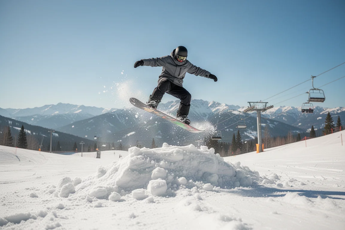 Snowboarder haciendo un ollie sobre un montón de nieve blandita en una pista soleada de la estación