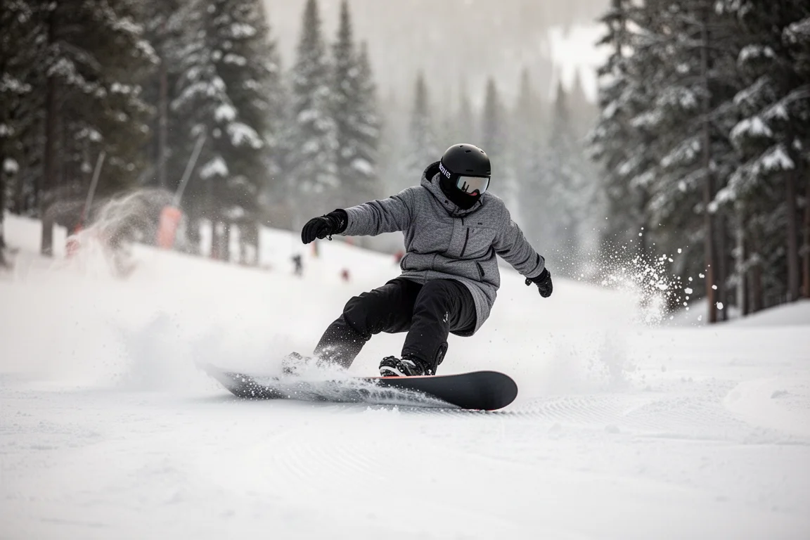Snowboarder tallando con fuerza sobre nieve compacta dejando una línea de canto limpia