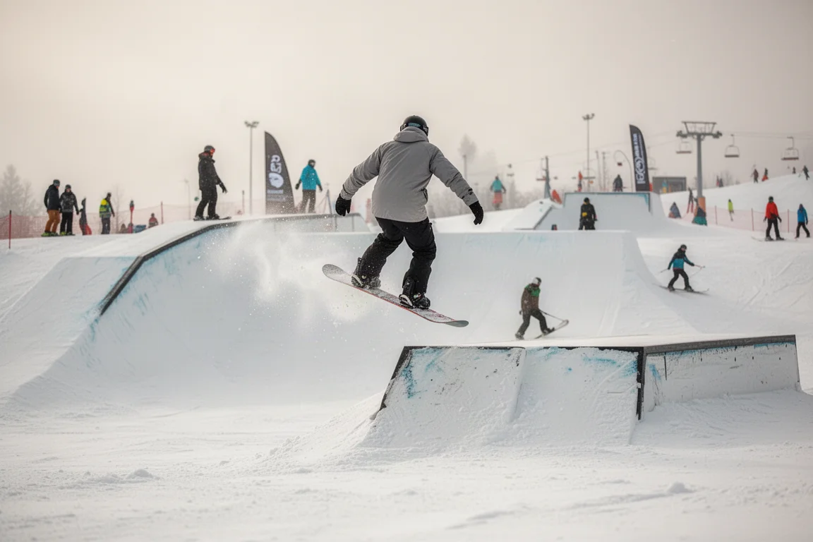 Snowboarder aterrizando un salto en un terrain park concurrido