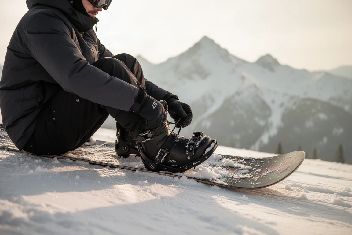 Snowboarder buckling into bindings on a snowy slope in soft morning light