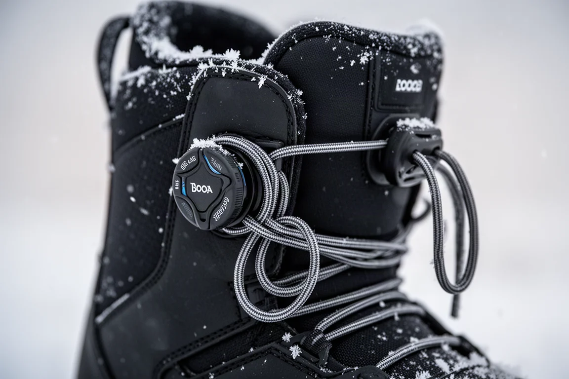 Close-up of a Boa dial and cable lacing system on a snowboard boot