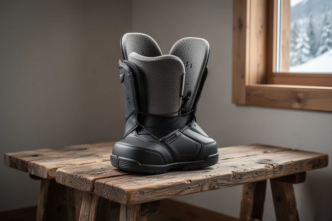 Snowboard boot liner resting on a wooden bench next to the shell