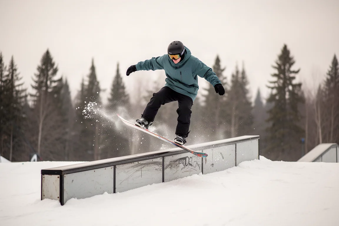 Snowboarder doing a jib trick on a rail at a resort terrain park