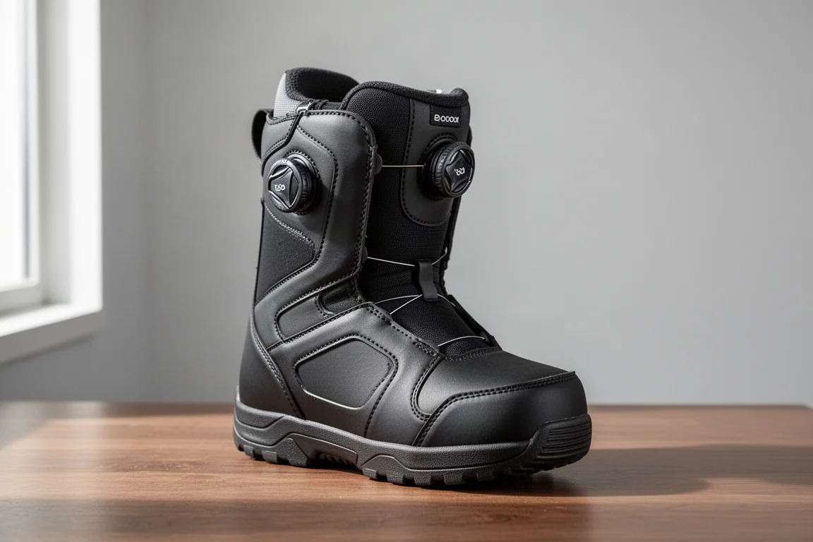ThirtyTwo Lashed Double Boa snowboard boot with dual Boa dials on a wood surface