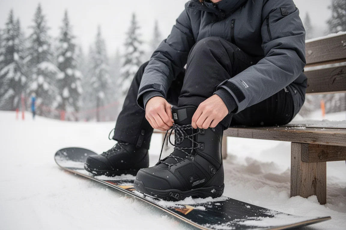 Snowboarder che allaccia uno scarpone freestyle a flex morbido su una panchina di un resort innevato