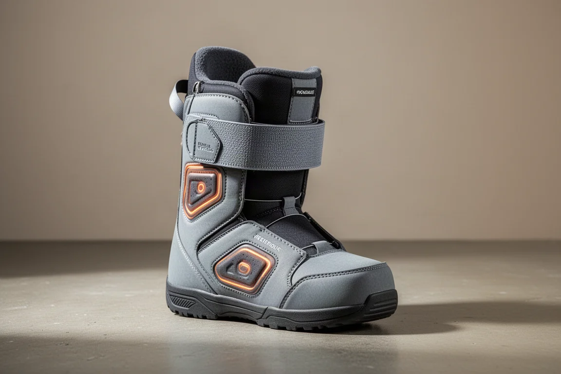 Liner di uno scarpone da snowboard con cinghia in velcro mostrato in luce soffusa