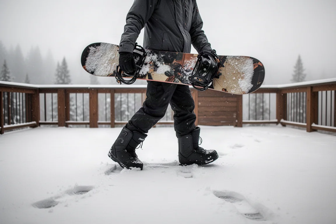 Snowboarder che cammina con gli scarponi su un ponte innevato di un lodge
