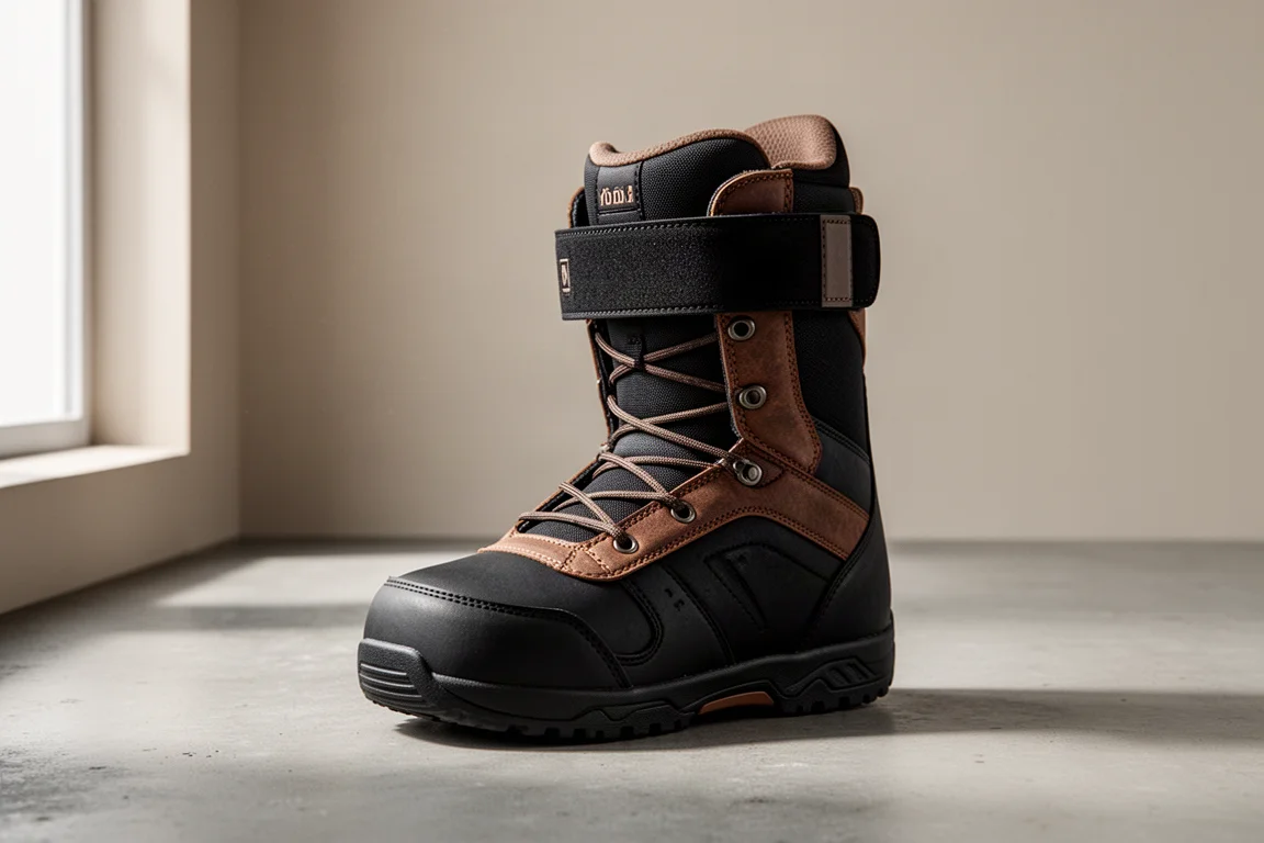 Scarpone da snowboard ThirtyTwo Lashed nero e marrone con lacci su una superficie in cemento