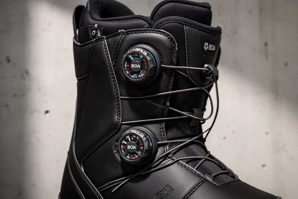 Primer plano del cierre de doble dial Boa en una bota de snowboard