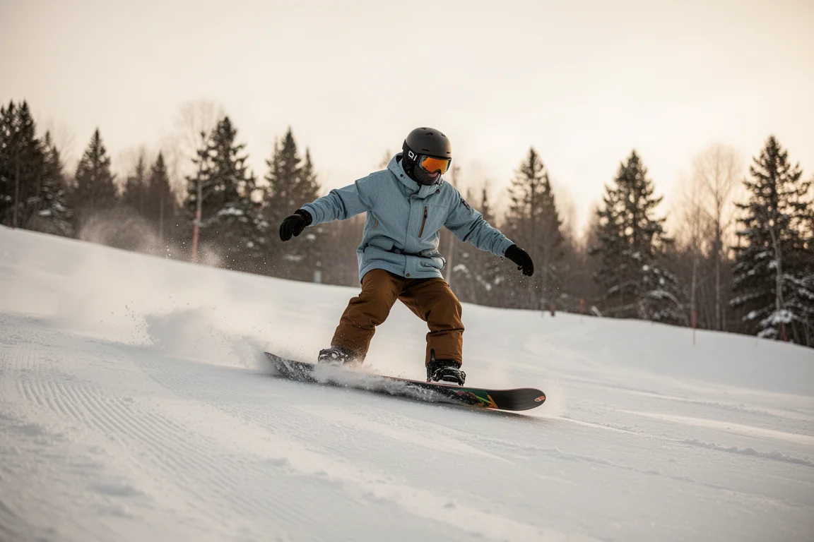 Primer plano de la suela de goma de una bota de snowboard sobre suelo helado