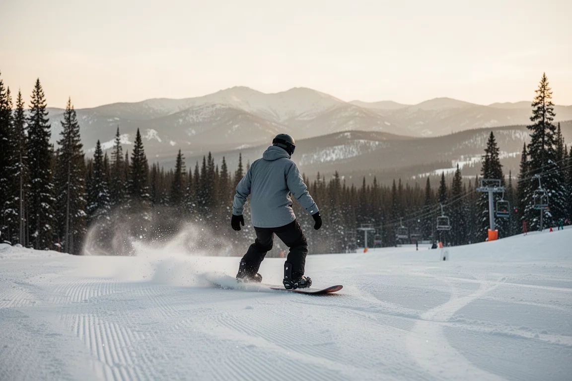 Snowboarder deslizándose por una pista pisada de resort con luz suave de tarde