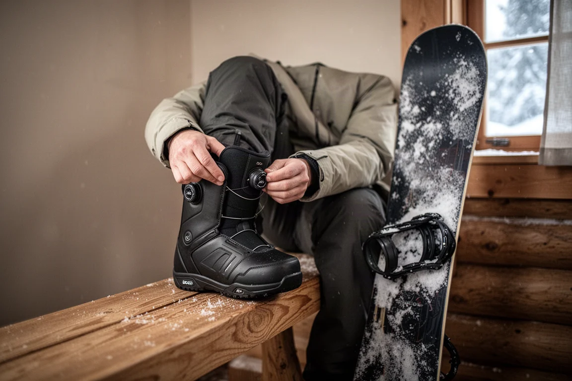 Snowboarder ajustando la rueda BOA de una bota en un banco de un refugio nevado