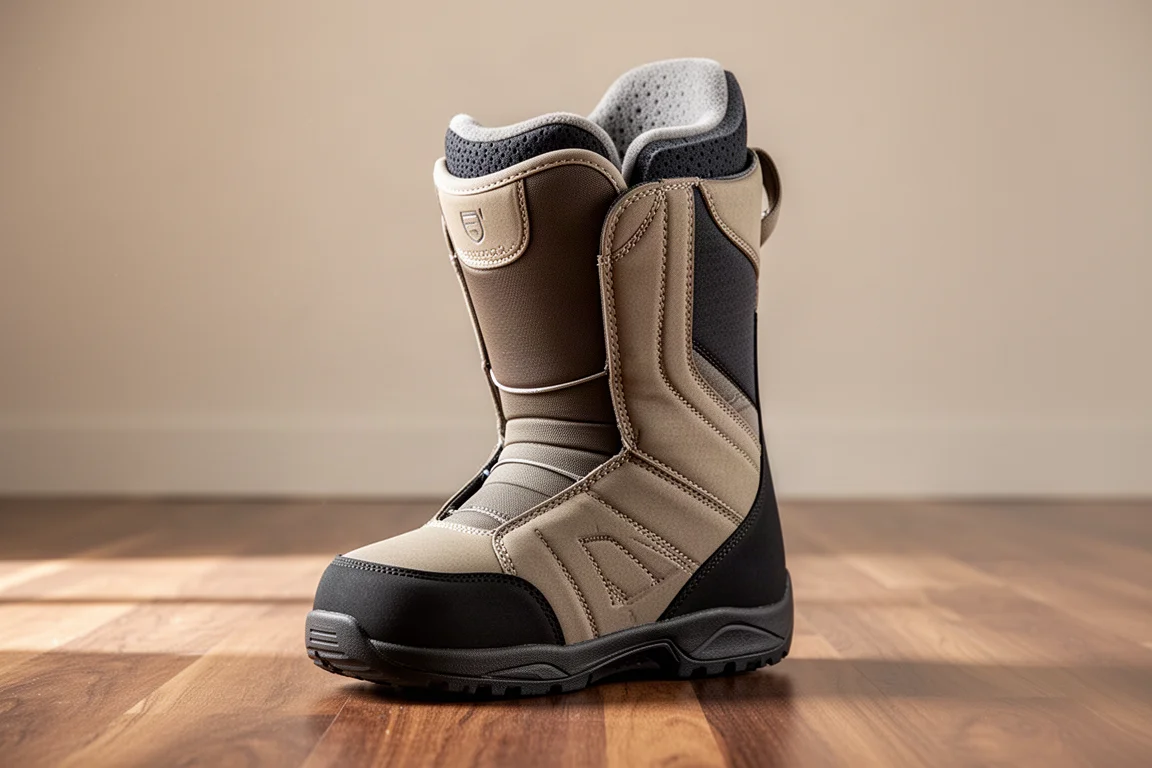Forro de bota de snowboard con sección de neopreno en el toe box sobre suelo de madera