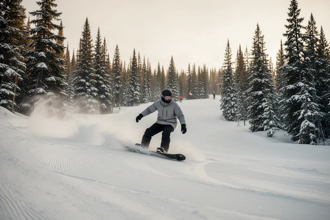 Snowboarder descendiendo una pista all-mountain suave con luz suave de la tarde