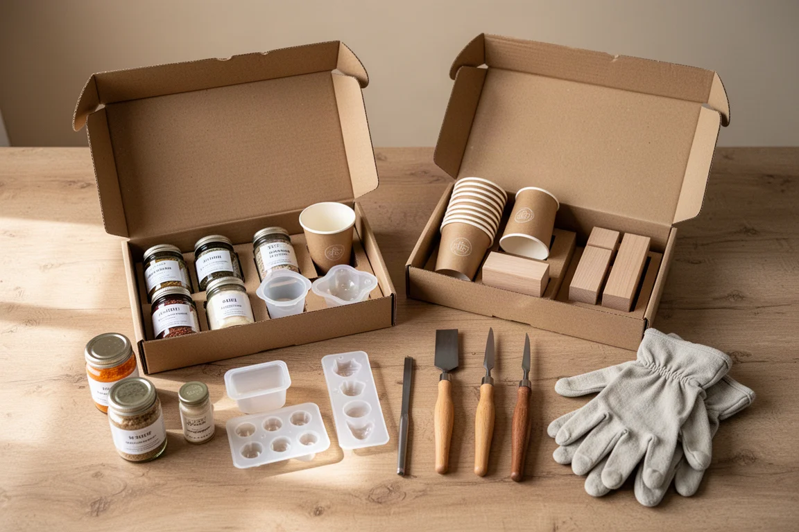 Two craft subscription boxes opened on a table with contents laid out