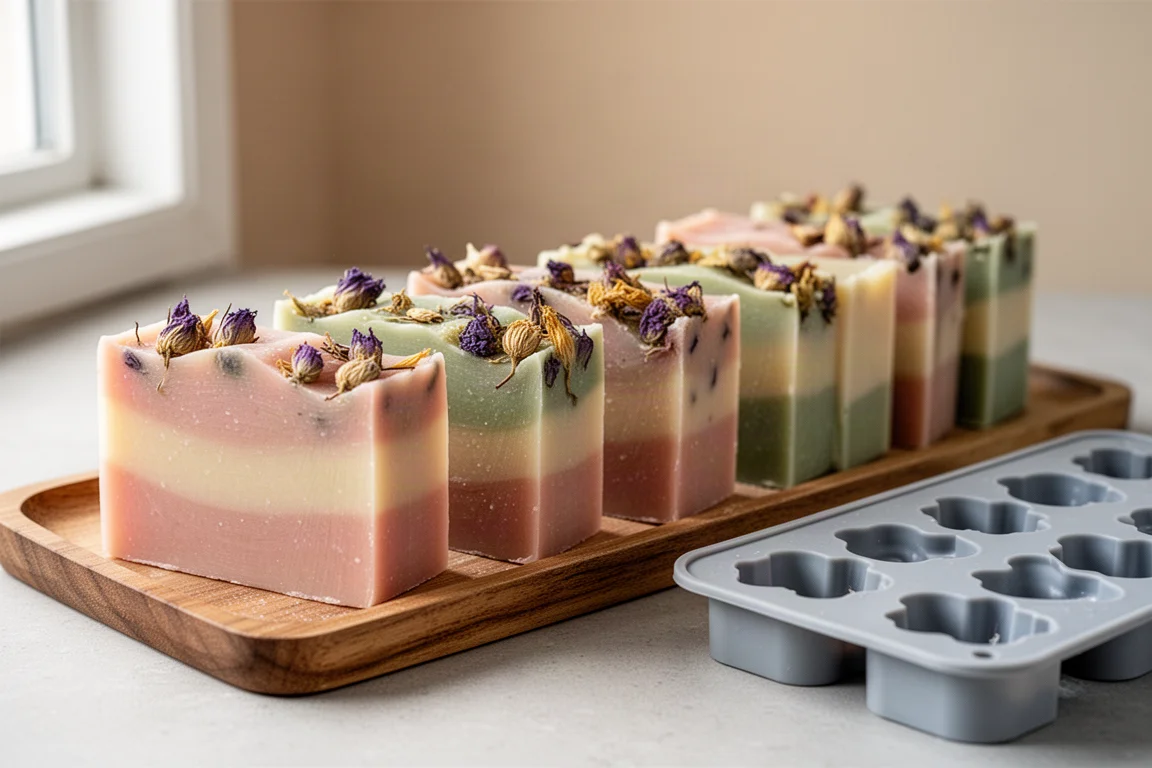 Handmade soap bars with layered colors and dried flower buds on a tray
