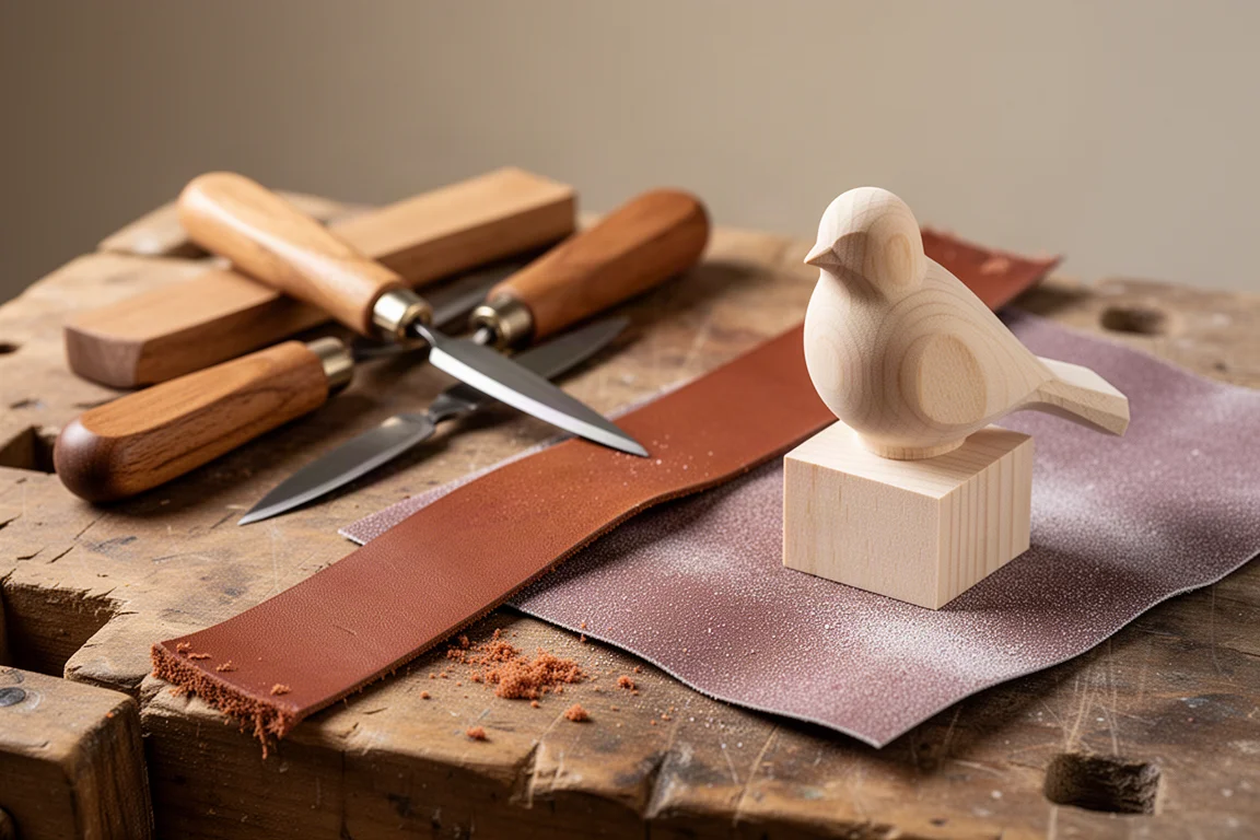 Wood carving tools and a small wooden bird blank on a workbench