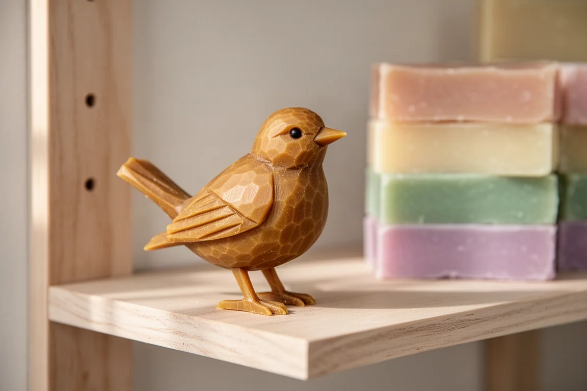 A small hand-carved wooden bird figure beside the finished soaps