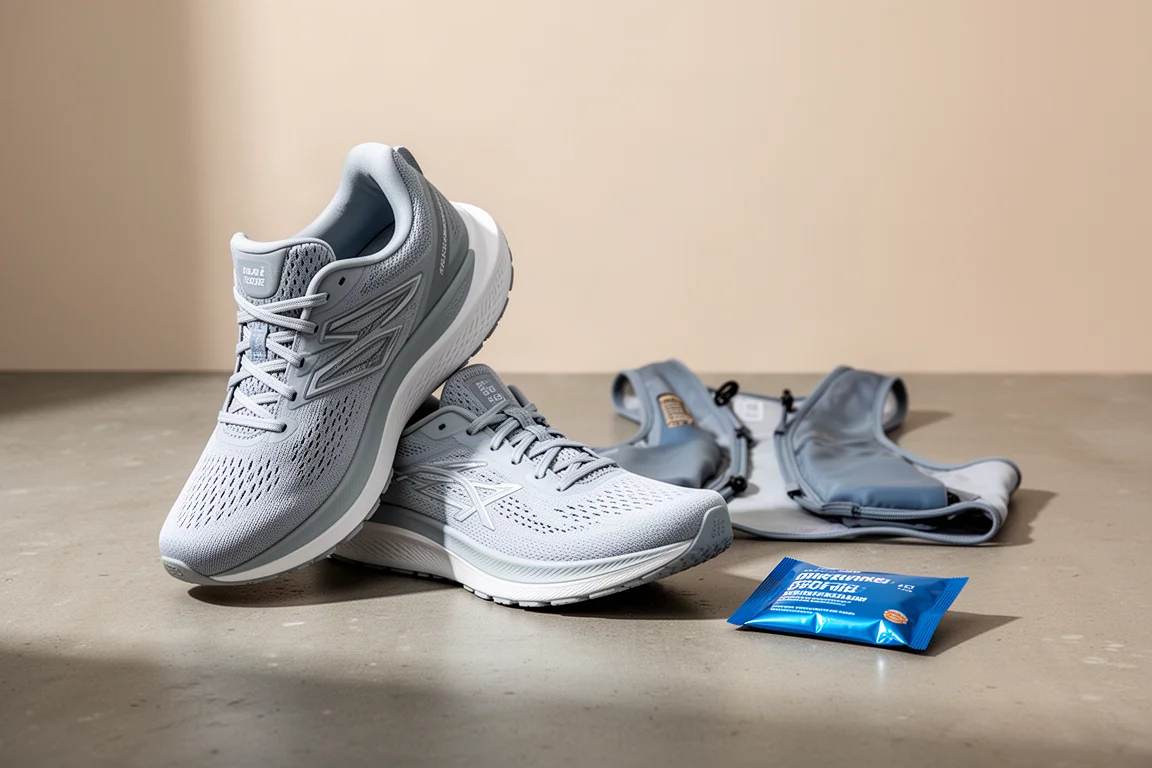 Scarpe da running, zaino per idratazione e bevanda in polvere disposti su una superficie in cemento