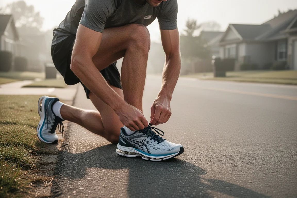 Runner lacing up a plated racing shoe before a tempo run on quiet roads