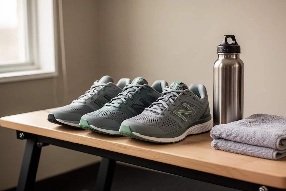 Three daily trainers lined up on a gym bench beside a water bottle