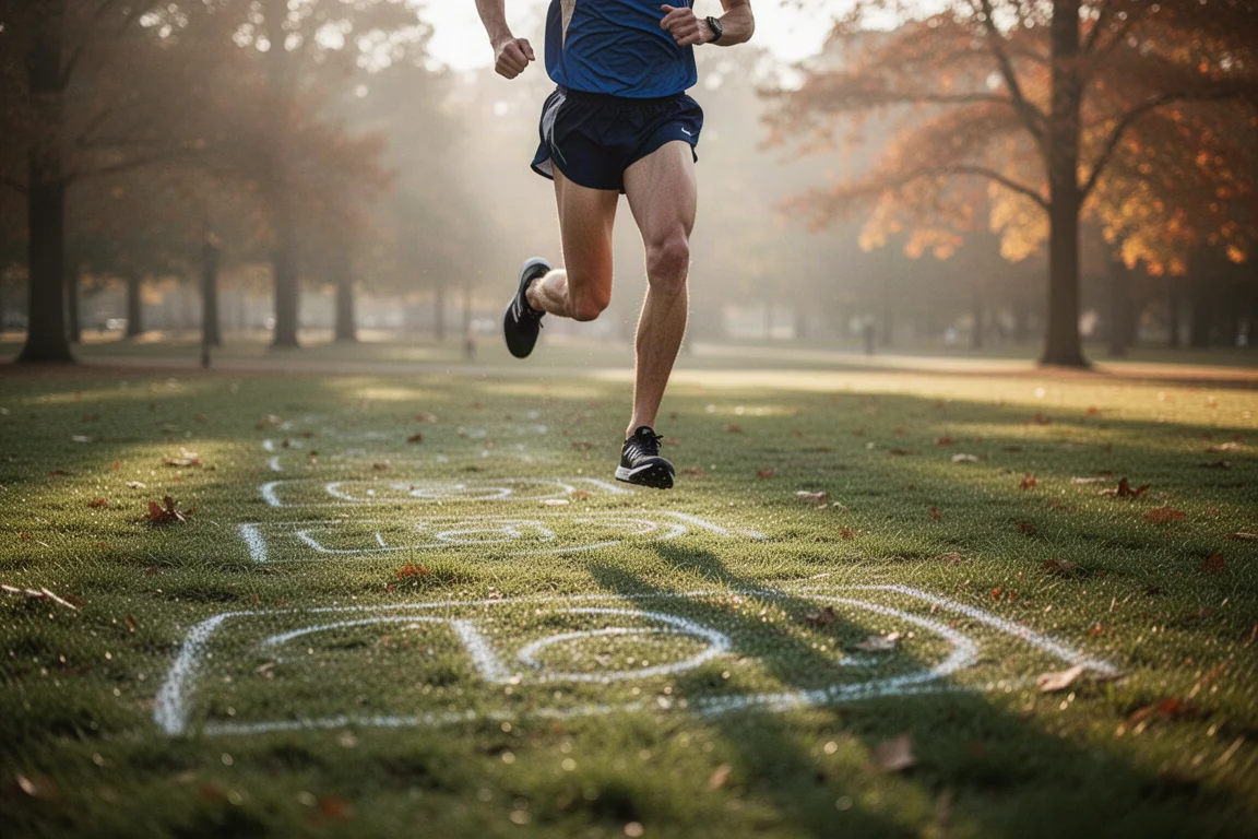 Cross country runner crossing a grassy course in lightweight racing shoes