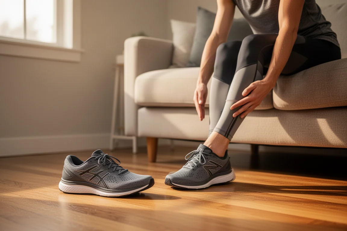 Runner stretching on a couch after an easy run, trainer nearby on the floor