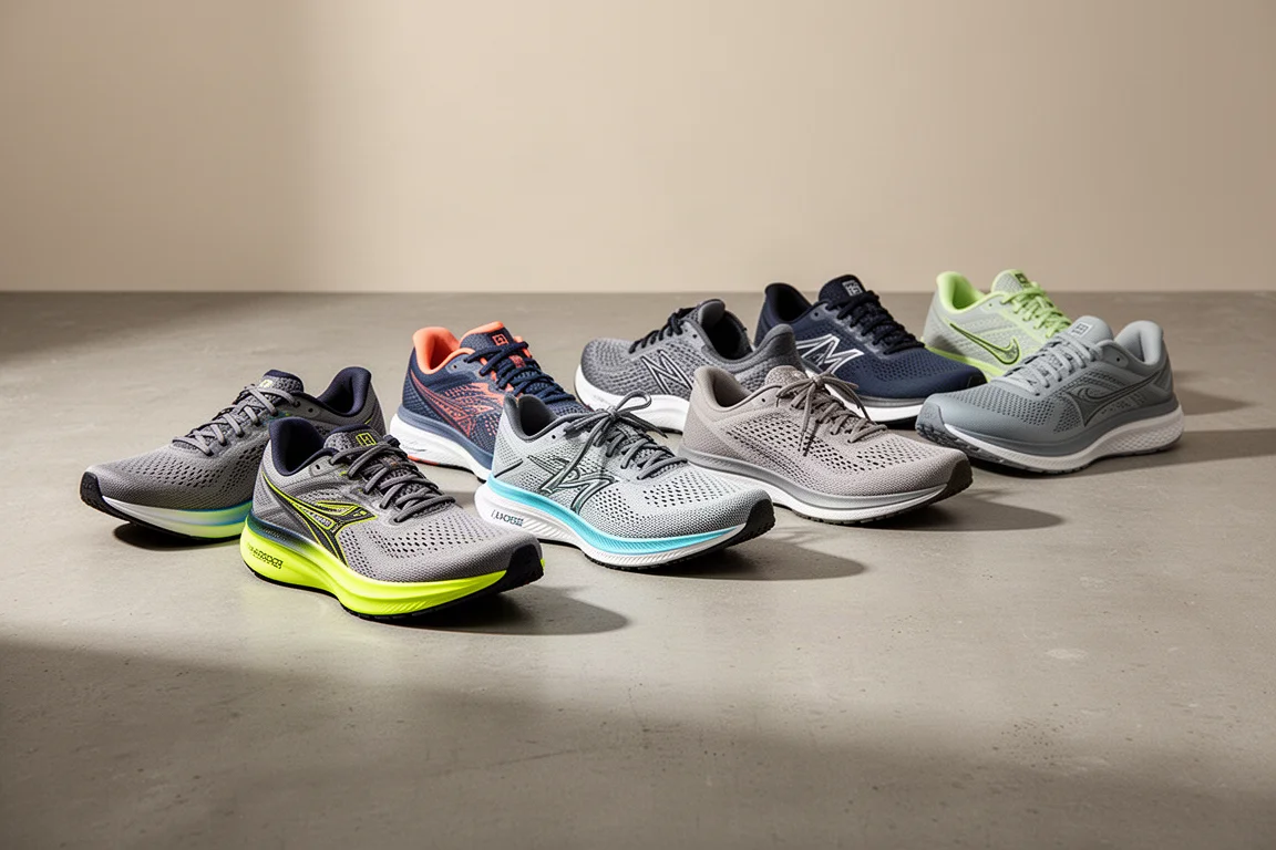 Neun Laufschuhe unterschiedlicher Silhouetten auf einer Betonfläche arrangement