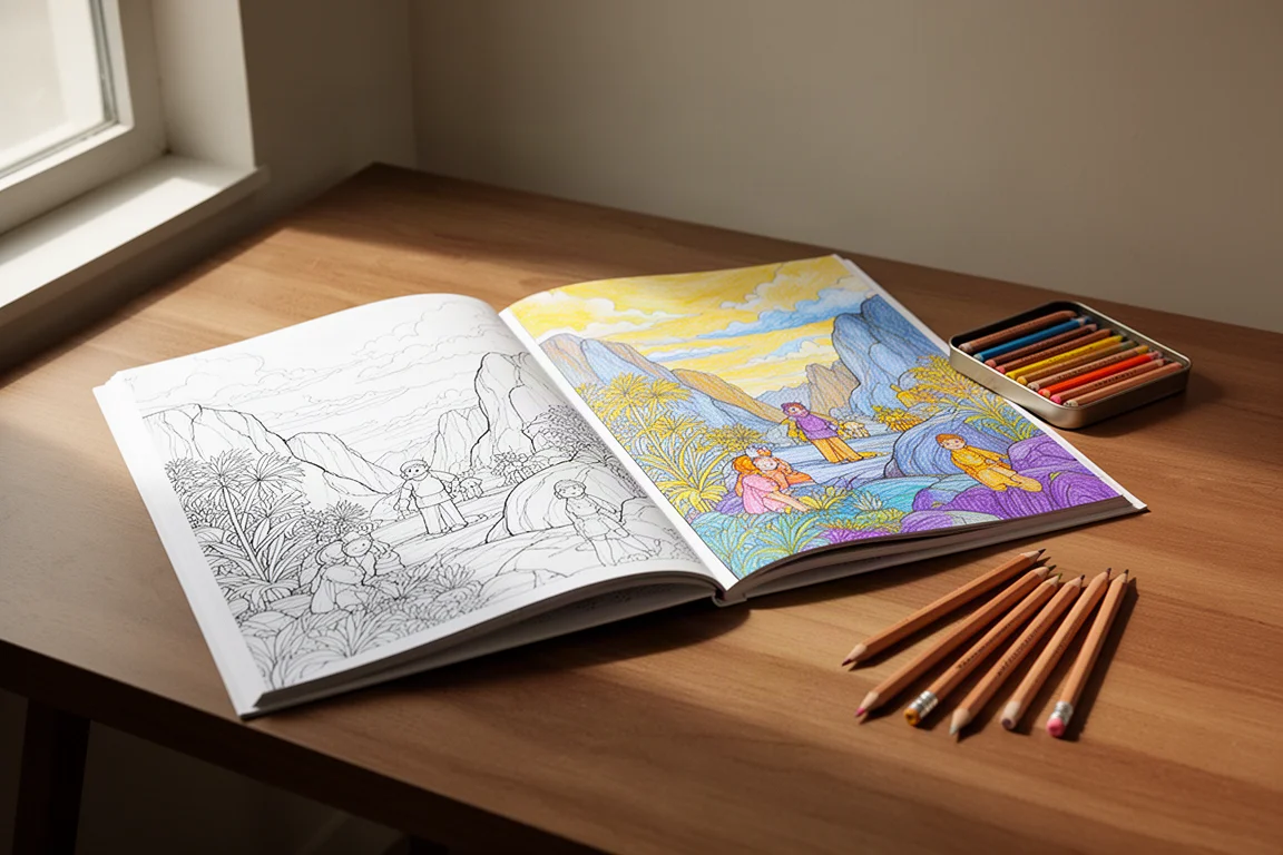 Libro da colorare Thomas Kinkade Disney aperto con una pagina colorata solo in parte e matite colorate su una scrivania