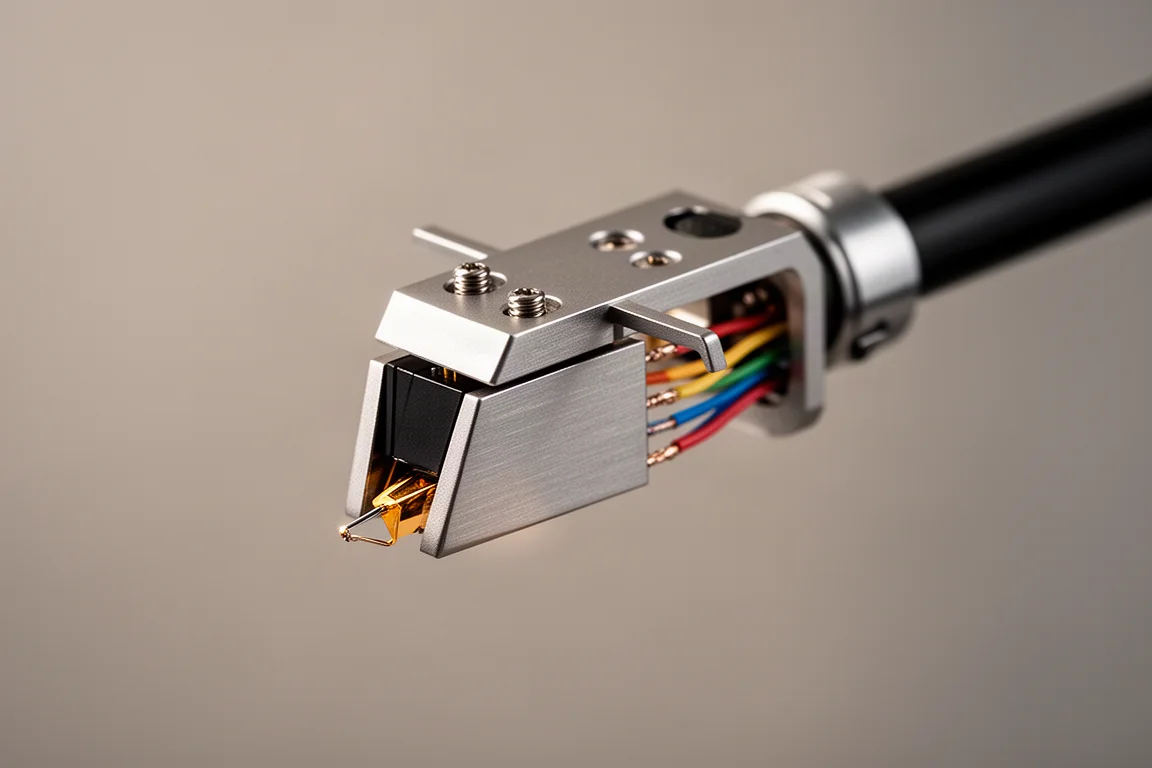 Pickuphus monterat i ett headshell med synlig tonarmskablage