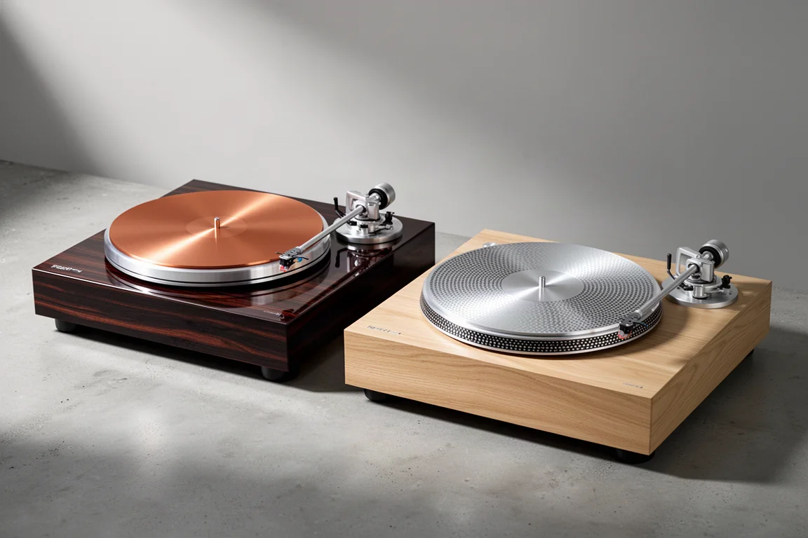 Two high-end direct-drive turntables side by side on a concrete surface