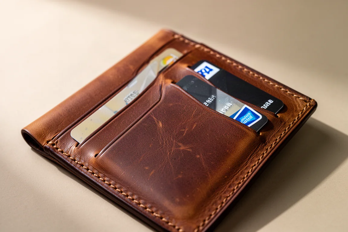 Primer plano de las ranuras exteriores para tarjetas de la cartera con una tarjeta parcialmente insertada