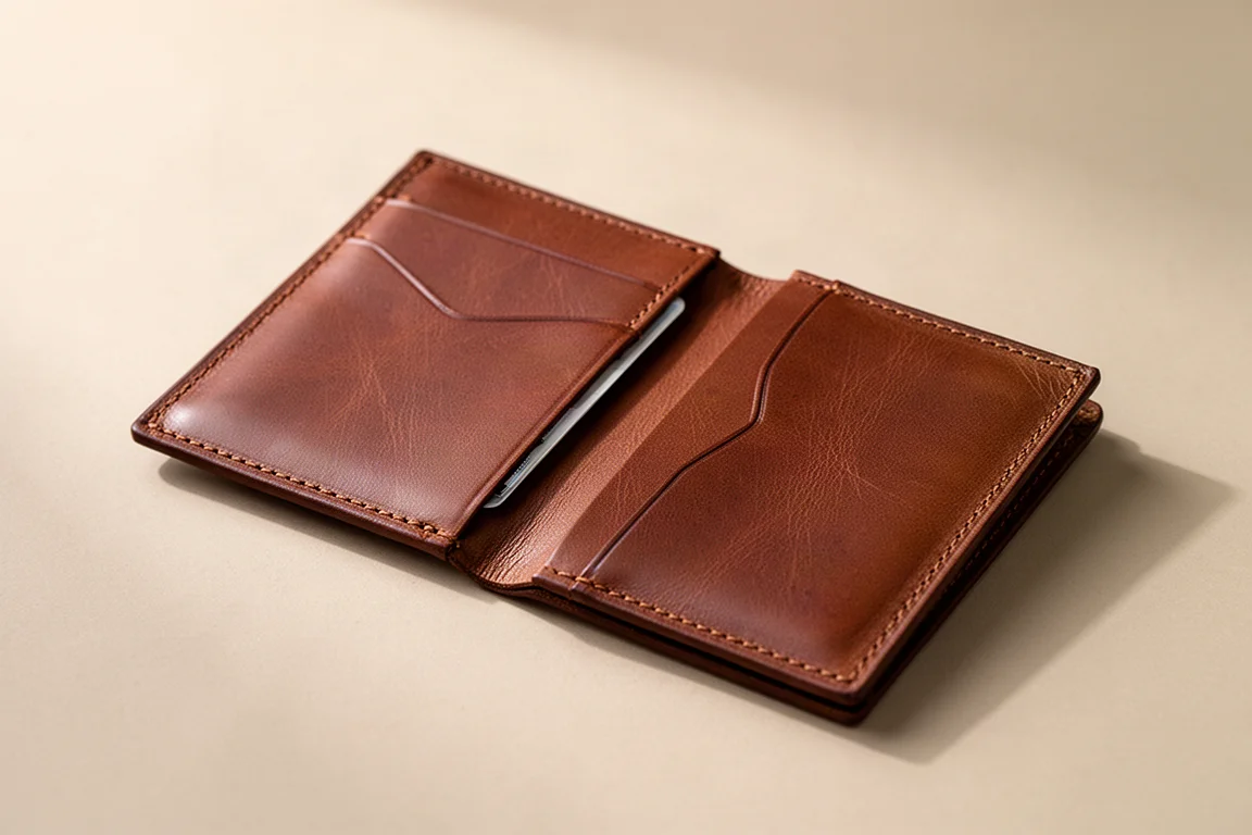 Cartera abierta plana mostrando la ranura interior para tarjetas y el diseño de solapa dividida