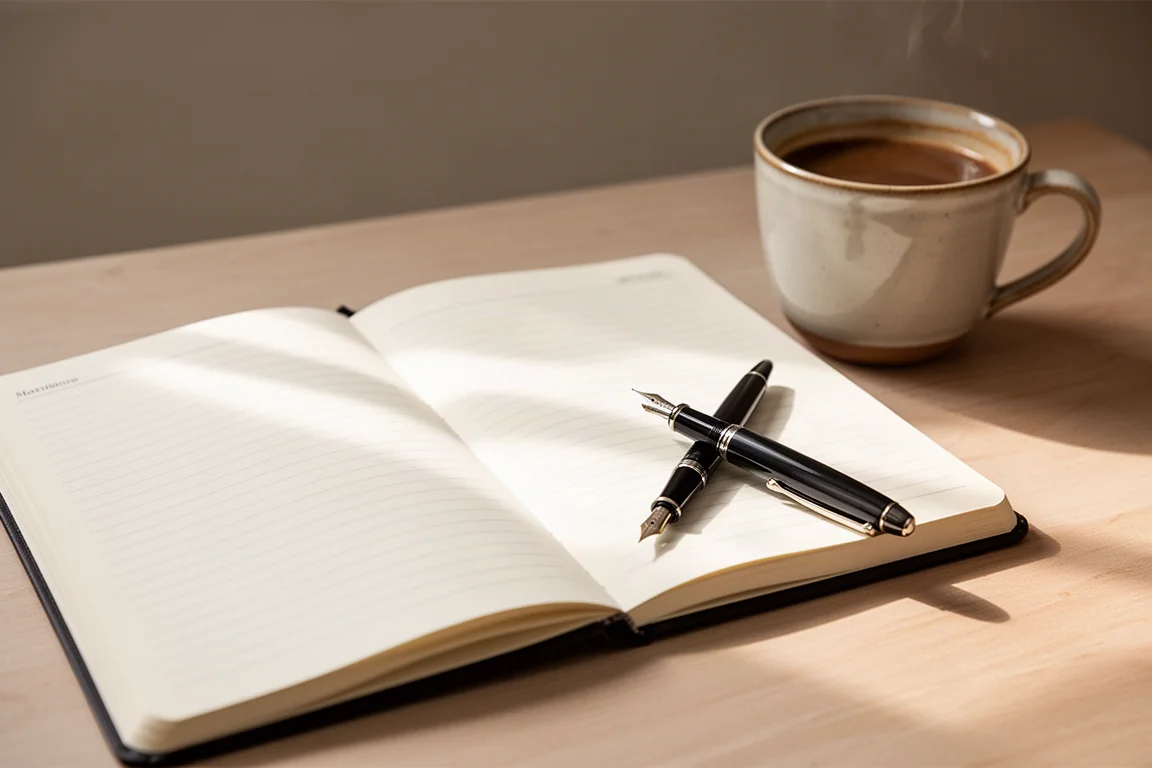 Diario de cinco años abierto sobre un escritorio junto a una taza de café de la mañana
