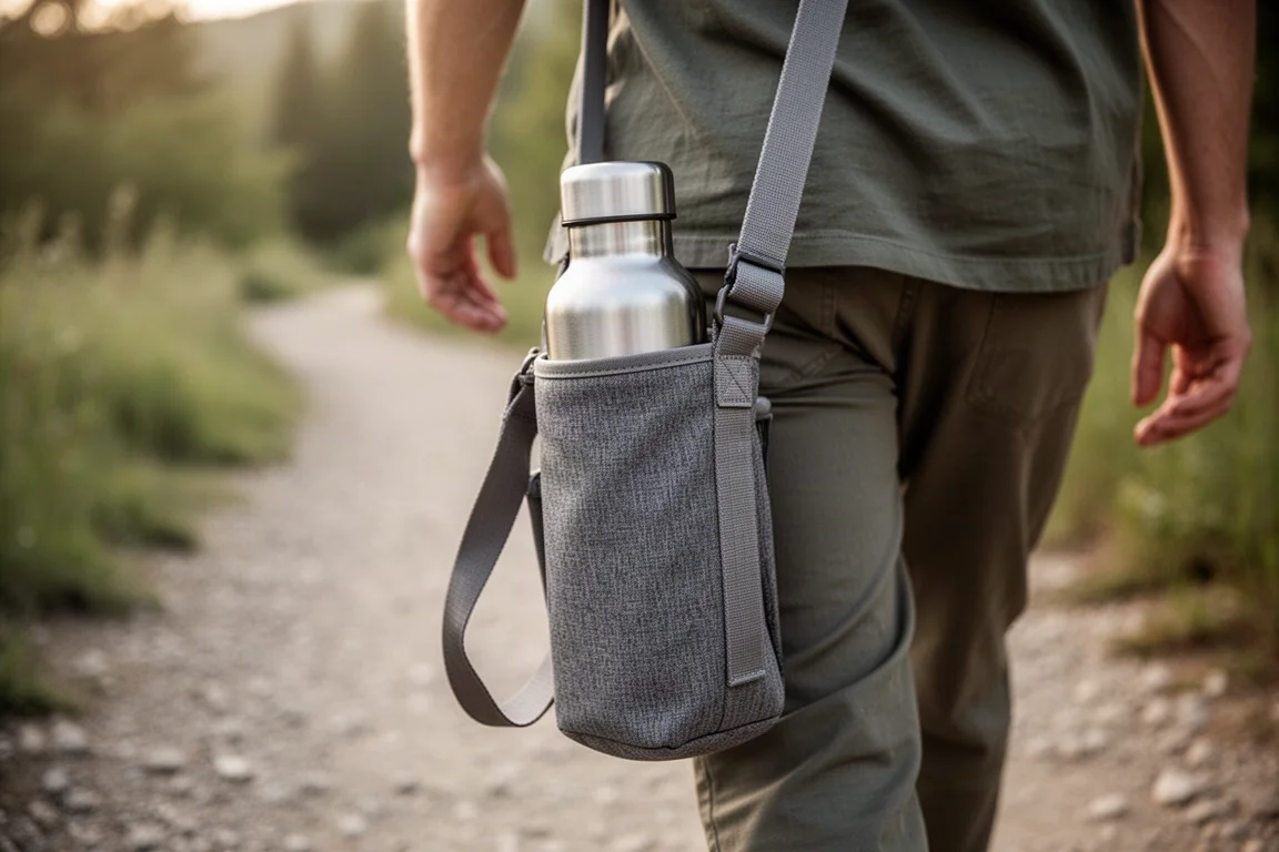 Botella térmica transportada en una funda de tela durante una caminata
