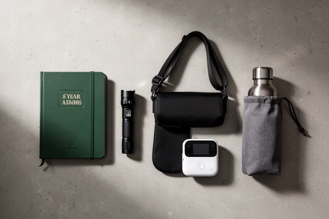 Flat-lay of a diary, flashlight, sling bag, photo printer, and bottle bag on concrete