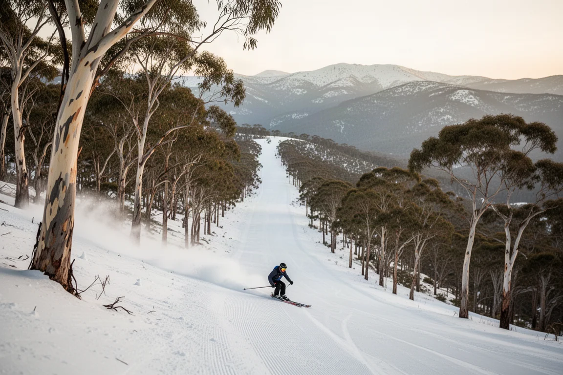 Skier cruising a long groomed run descending through snow gum trees