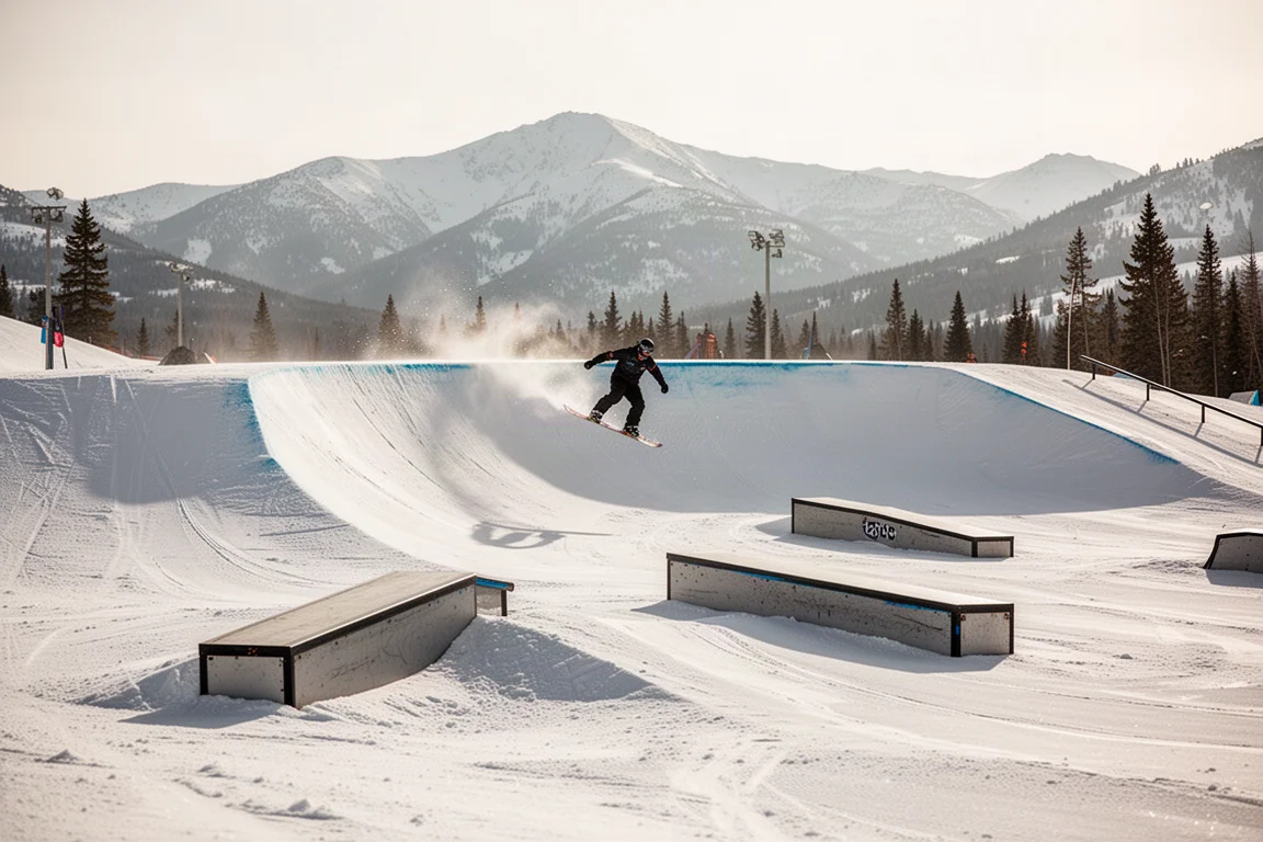 Terrain park jump line with rails and boxes on a sunny slope