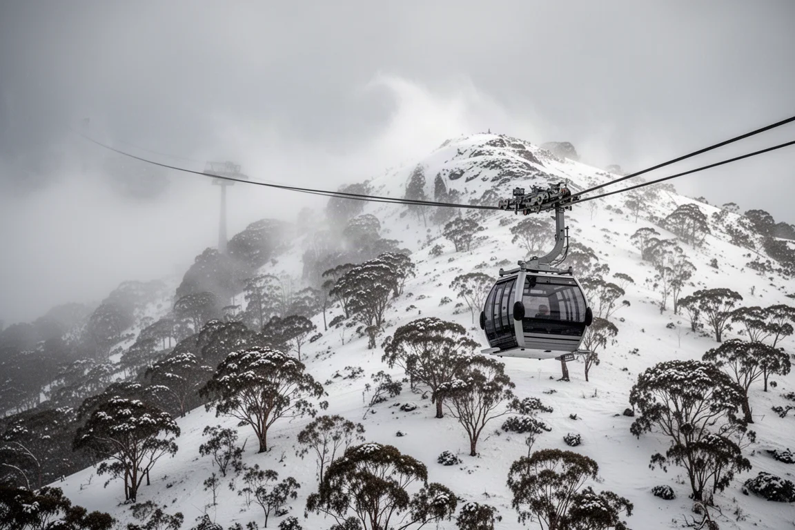 Gondola cabin ascending above snow gum forest in changing weather