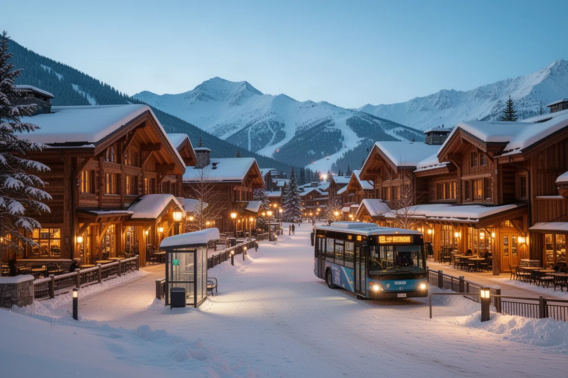 Alpine village at dusk with lit lodges and slopeside restaurants