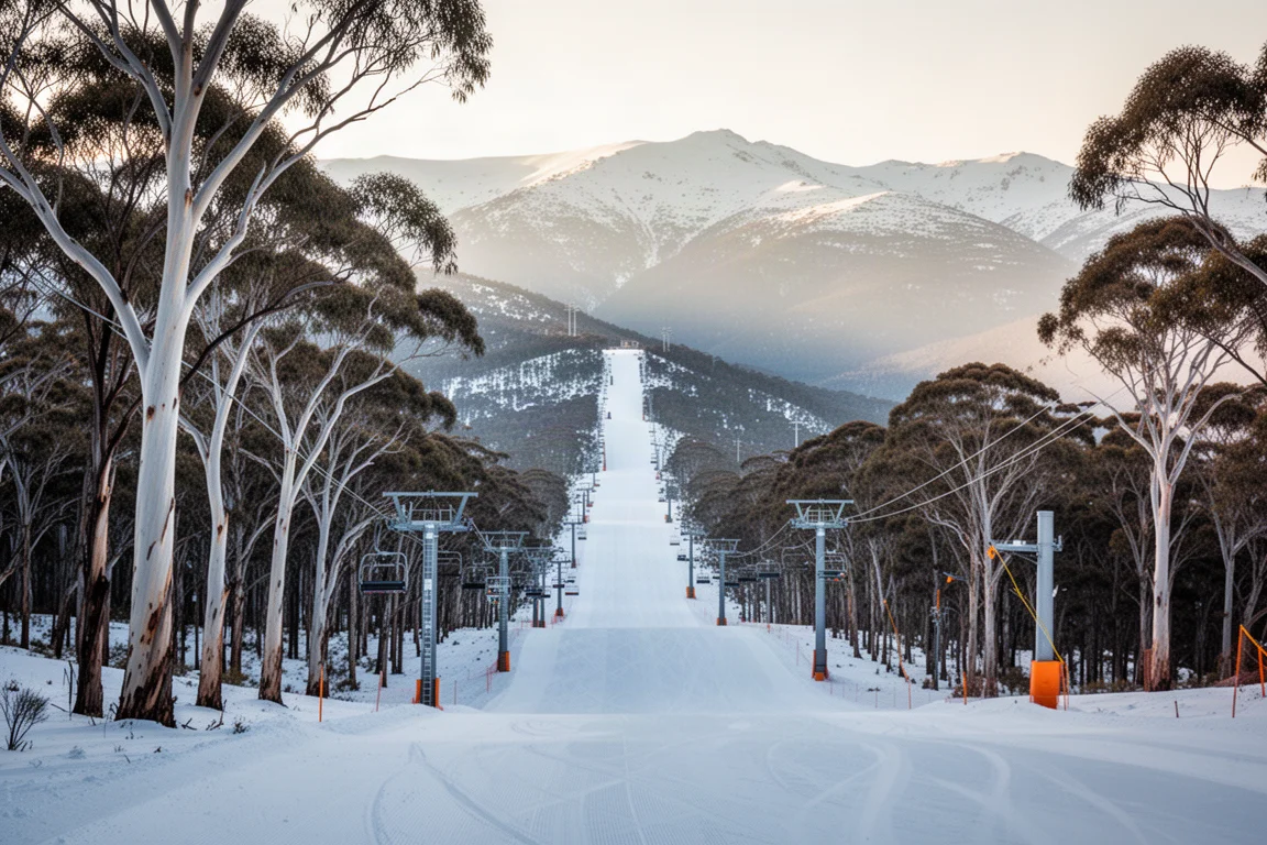 Long groomed ski run at Thredbo descending through snow gum trees under morning light
