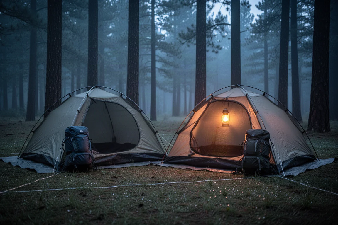Twee backpacktenten opgezet op een boscamping bij schemering met lantaarnlicht