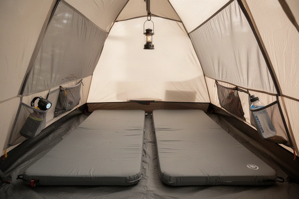 Interieur van een tweepersoons tent met twee brede slaapmatten en mesh wandvakken